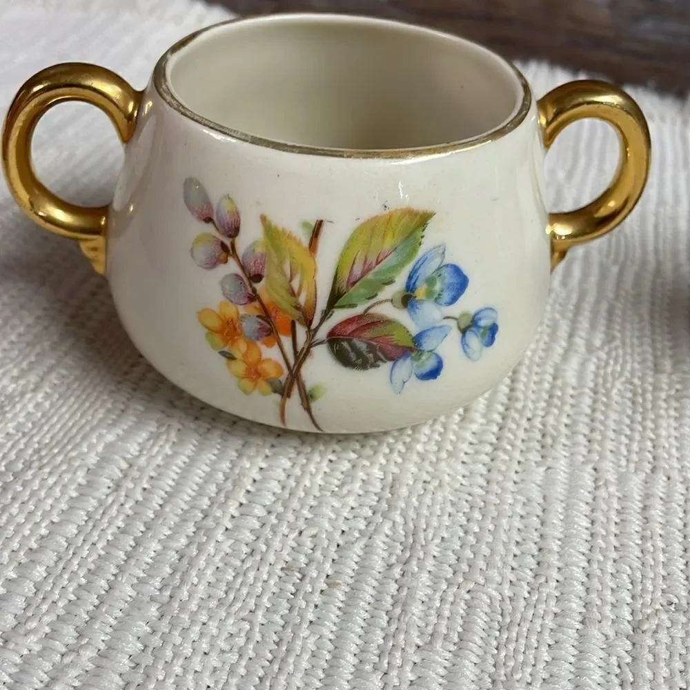 Cream and Sugar Porcelain Set with Gold Leaf Trim and Floral Design